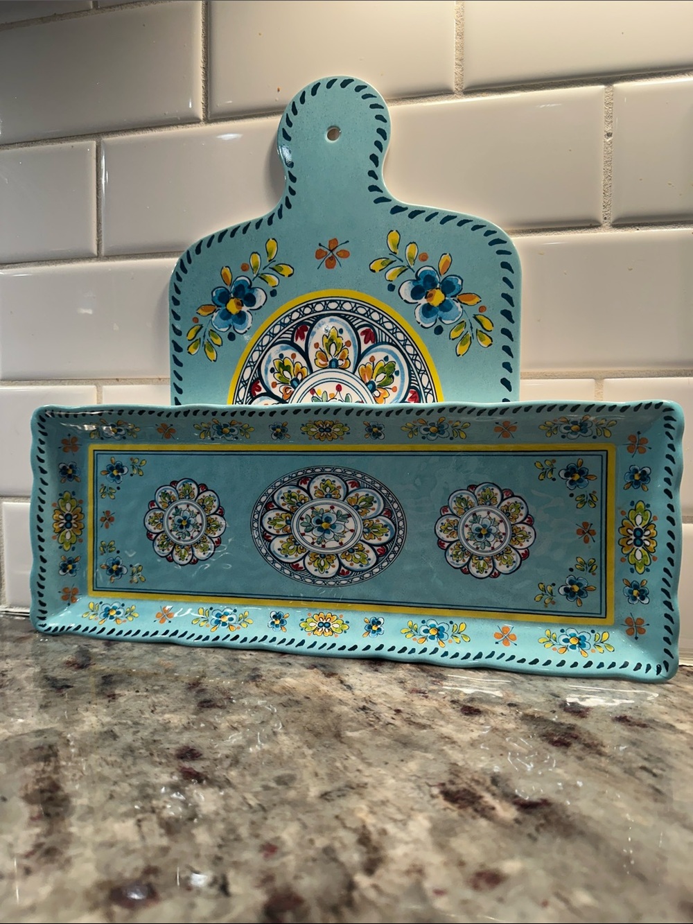 Le Cadeaux Hand-Painted Turquoise Melamine Serving Board and Tray Set